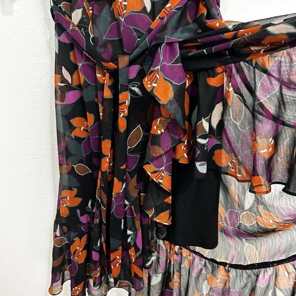 Calvin Klein Floral Asymmetrical Wrap Dress Sz 16 Surplice Neckline Ruffle Cuff - Picture 6 of 13